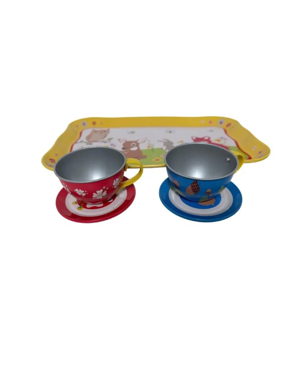 Metal Child Play Teaset 14 piece Multicolor floral Tray Teapot 4 cup Saucers 4 d